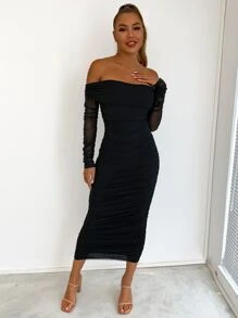 Joyfunear Women's Off-Shoulder Ruched Long Sleeve Bodycon Dress - Black - View 4