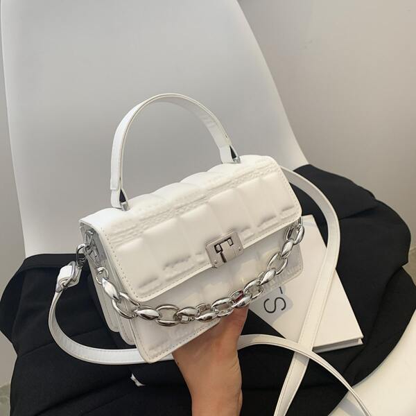 

Chain Decor Quilted Flap Square Bag, White