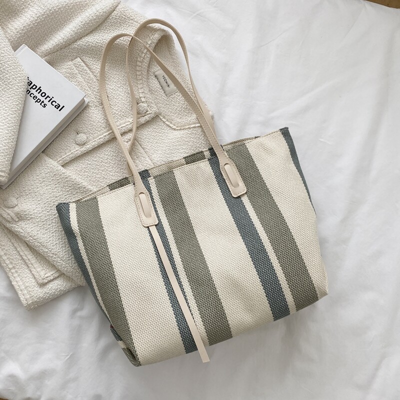 

Striped Shoulder Tote Bag, Beige