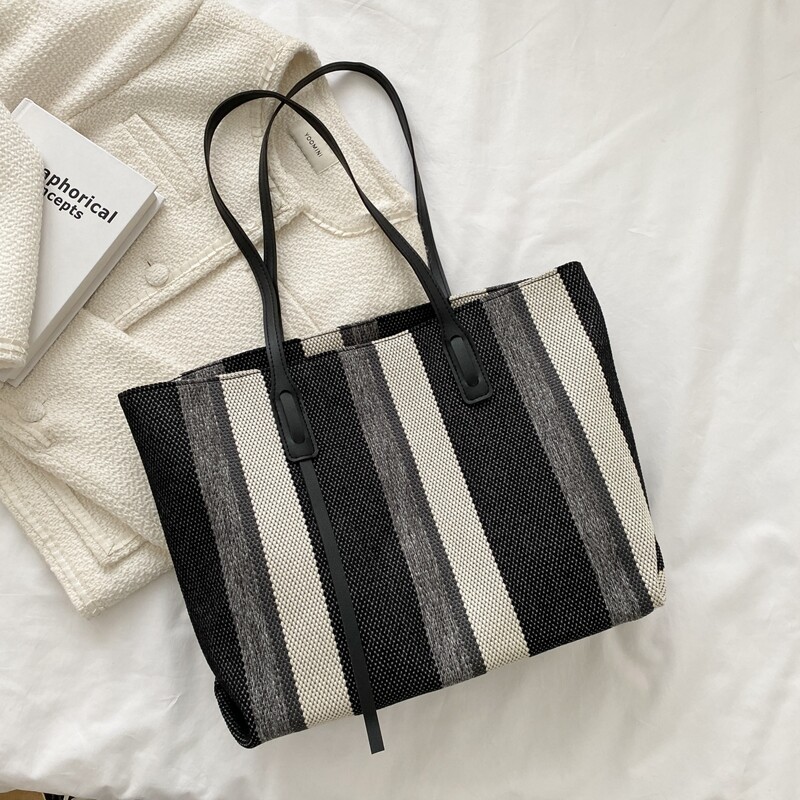 

Striped Zipper Up Tote Bag, Black