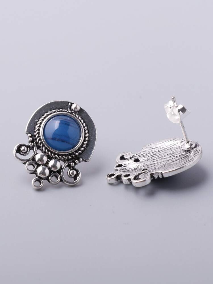 Stone Decor Stud Earrings - Blue - View 3
