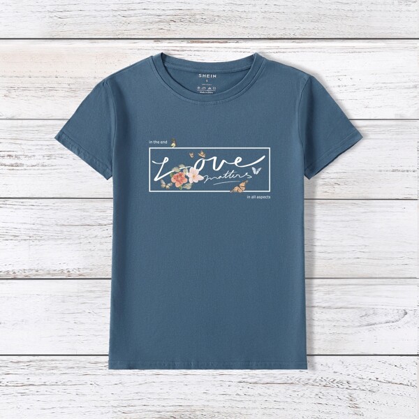 

Butterfly And Letter Graphic Tee, Navy blue