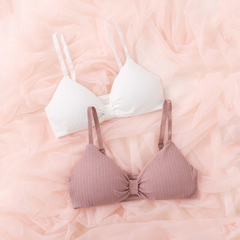 

2pack Plain Rib Wireless Bra Set, Multicolor