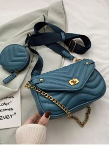 Mini Chevron Flap Bag With Coin Case - Blue - View 4