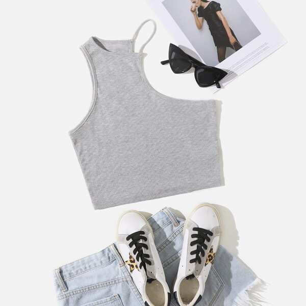 

Asymmetrical Neck Tank Top, Light grey