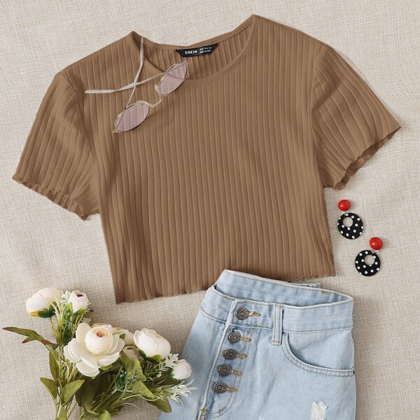 

Lettuce Trim Rib-knit Top, Mocha brown