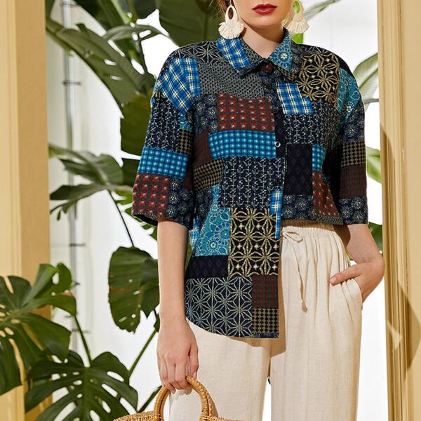 

Patchwork Print Button Through Blouse, Multicolor