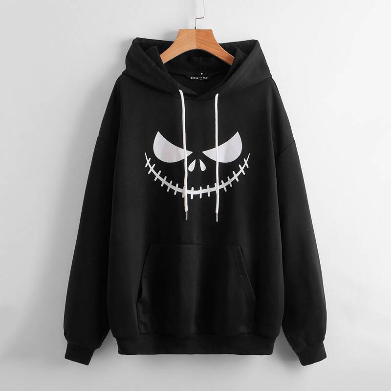

Cartoon Graphic Drop Shoulder Drawstring Hoodie, Black