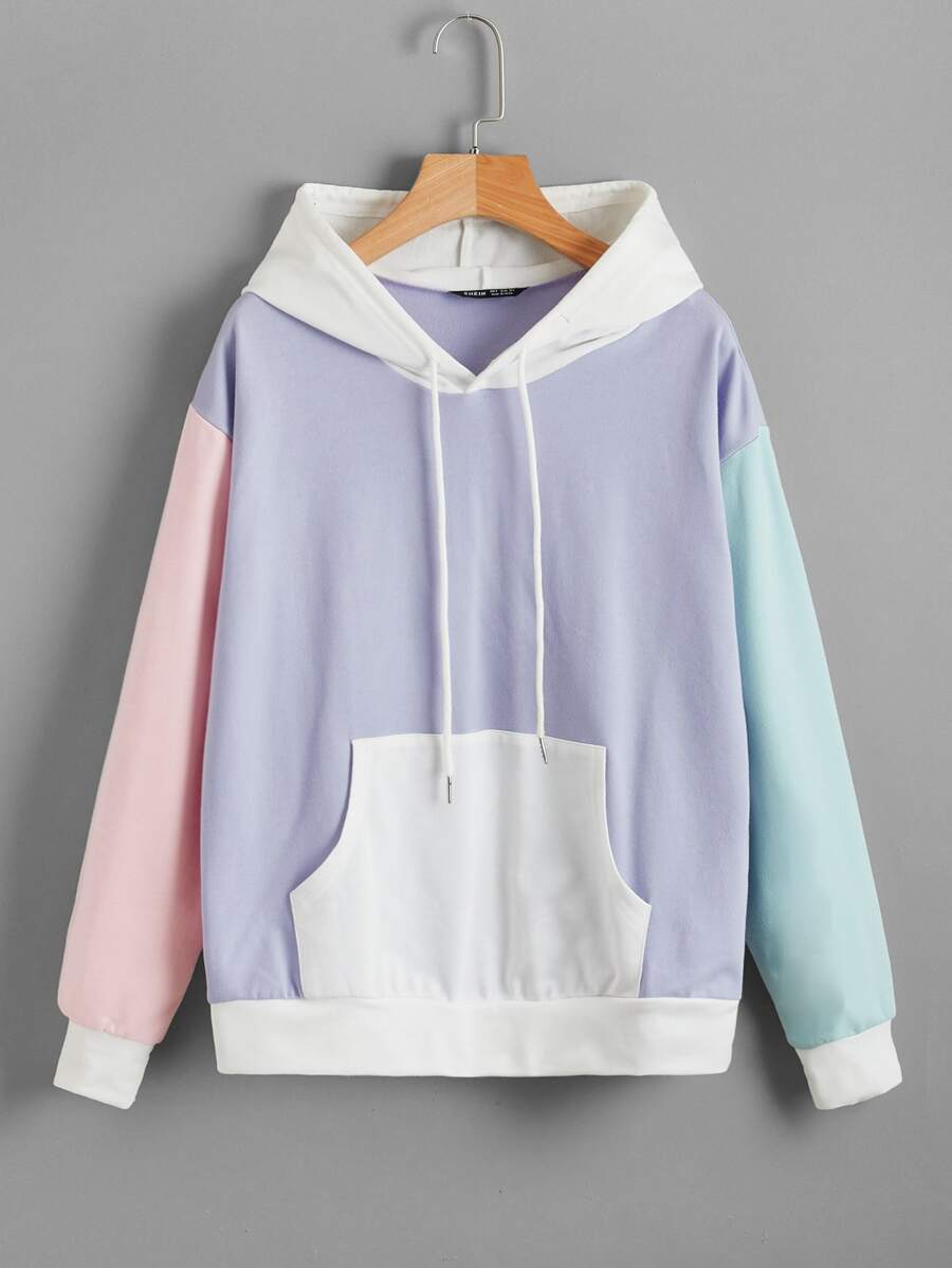 Plus Size Färgblockströja med Känguruficka och Dragsko - Multifärgad - Visa 1