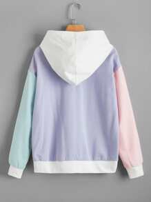 Plus Size Färgblockströja med Känguruficka och Dragsko - Multifärgad - Visa 2