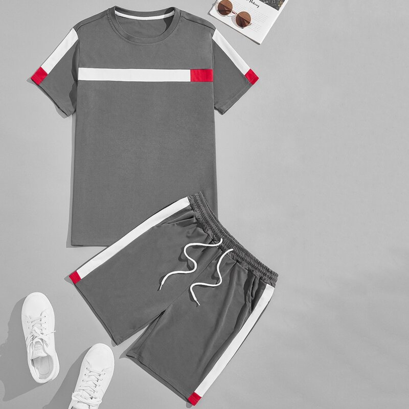 

Guys Contrast Panel Tee & Drawstring Slant Pocket Shorts, Dark grey