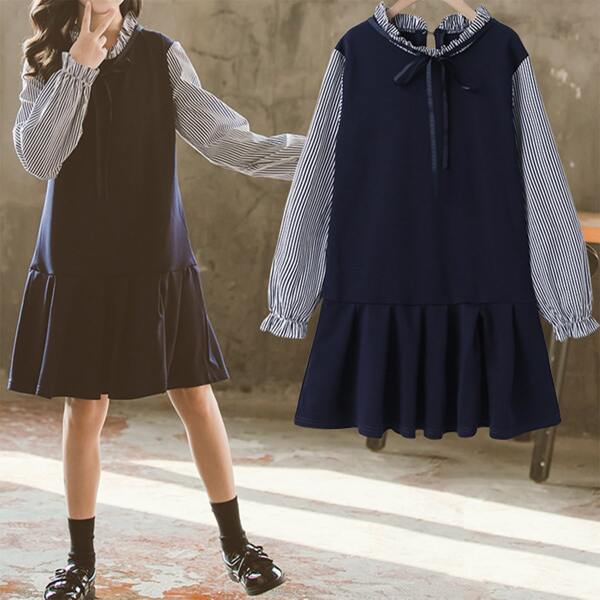 

Girls Striped Ruffle Hem Tie Front 2 In 1 Dress, Royal blue