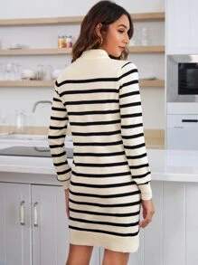 SHEIN LUNE Striped Stand Collar Patch Pocket Sweater Dress Without Belt