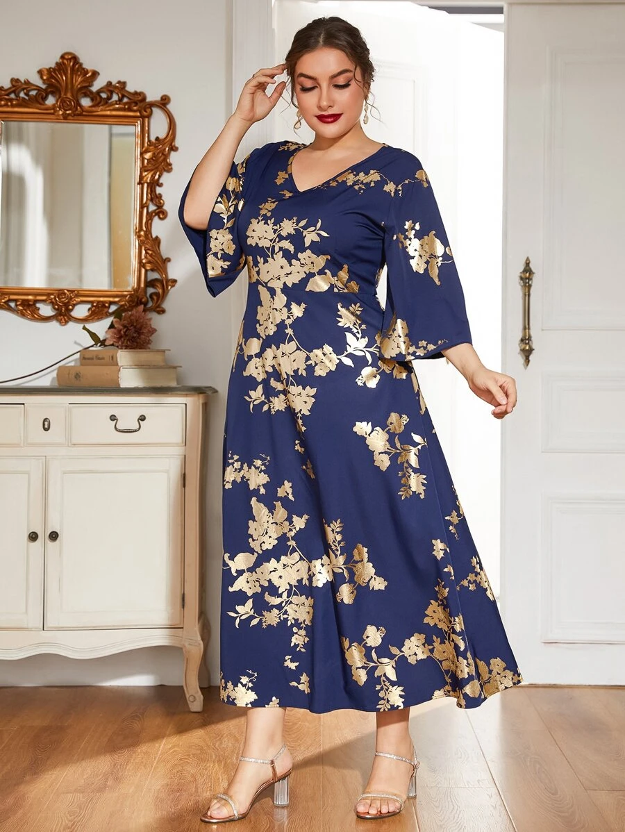 Plus Gold Floral Print A-line Dress - Navy Blue - View 1