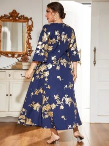 Plus Gold Floral Print A-line Dress - Navy Blue - View 2
