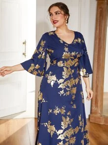 Plus Gold Floral Print A-line Dress - Navy Blue - View 4
