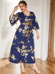 Plus Gold Floral Print A-line Dress - Navy Blue - View 5