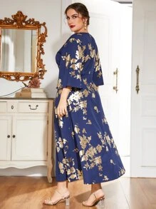 Plus Gold Floral Print A-line Dress - Navy Blue - View 6