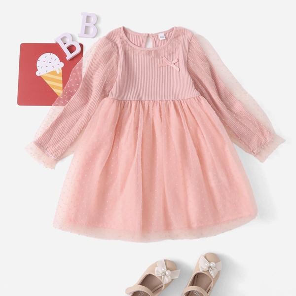 

Toddler Girls Contrast Dobby Mesh Smock Dress, Dusty pink