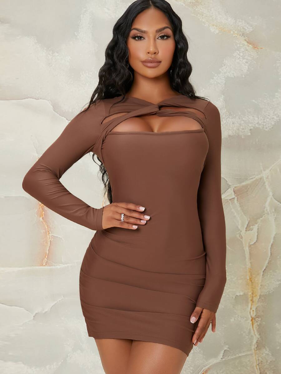 SHEIN Cutout Long Sleeve Bodycon Mini Dress - Rust Brown - View 1