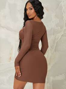 SHEIN Cutout Long Sleeve Bodycon Mini Dress - Rust Brown - View 2