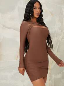 SHEIN Cutout Long Sleeve Bodycon Mini Dress - Rust Brown - View 3
