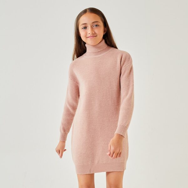 

Girls Turtleneck Drop Shoulder Sweater Dress, Dusty pink