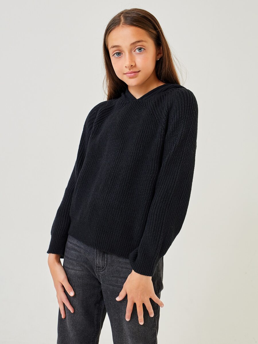 SHEIN 女孩插肩袖螺紋針織連帽套頭毛衣 - 黑色 - 查看 1
