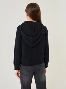 SHEIN 女孩插肩袖螺紋針織連帽套頭毛衣 - 黑色 - 查看 2