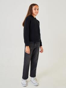 SHEIN 女孩插肩袖螺紋針織連帽套頭毛衣 - 黑色 - 查看 3