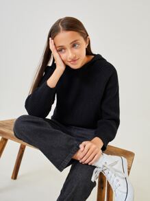 SHEIN 女孩插肩袖螺紋針織連帽套頭毛衣 - 黑色 - 查看 4