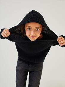 SHEIN 女孩插肩袖螺紋針織連帽套頭毛衣 - 黑色 - 查看 5