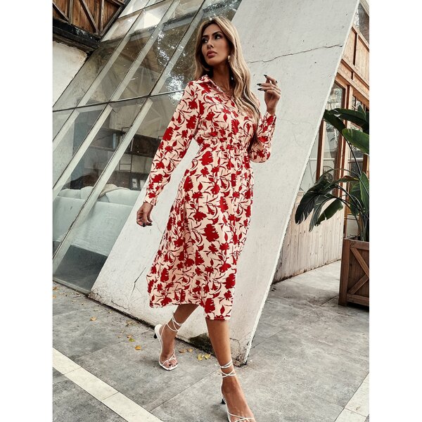 

Floral Print Half Button Drawstring Shirt Dress, Red