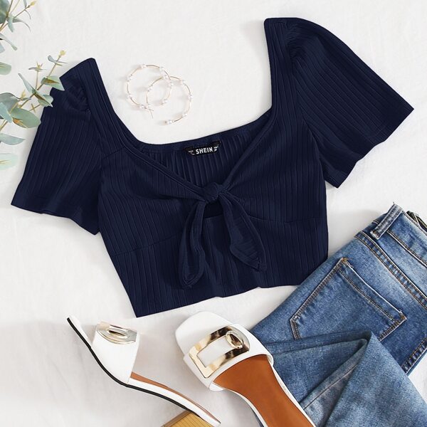 

Tie Front Rib-knit Crop Top, Navy blue