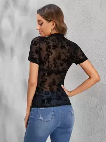 SHEIN BAE Mock Neck Sheer Floral Mesh Top Without Bra - Black - View 3