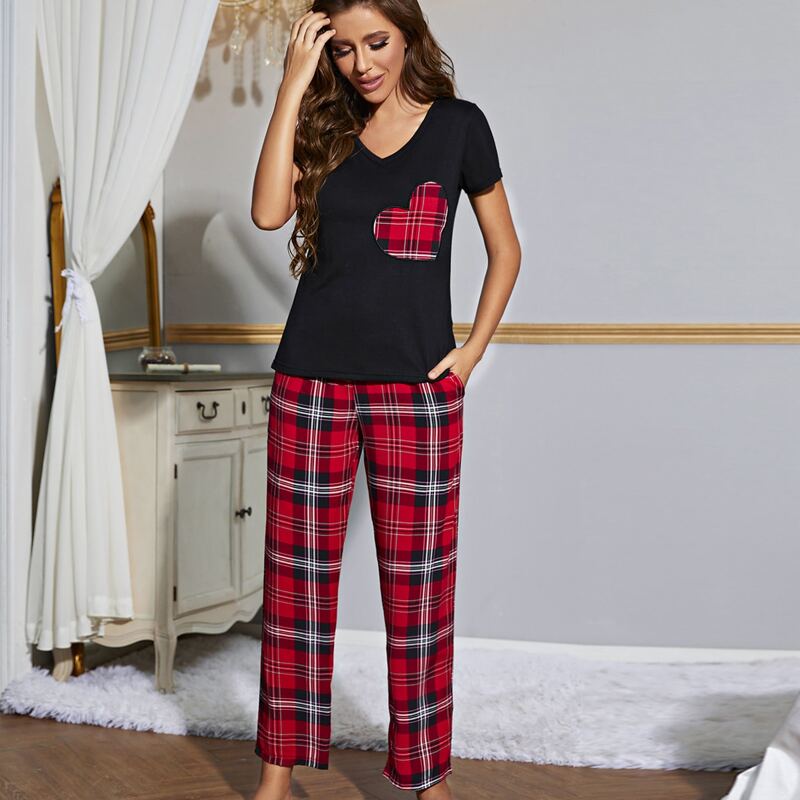 

Plaid Heart Embroidery Tee & Pants PJ Set, Multicolor