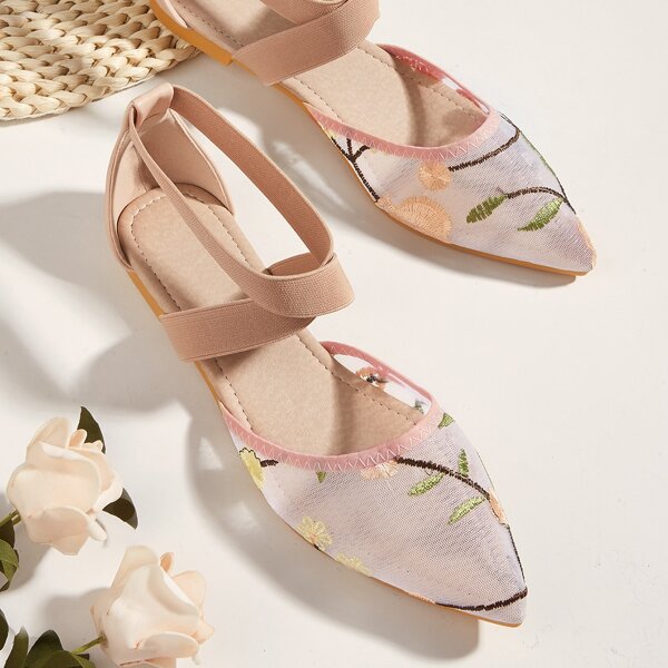 

Floral Embroidered Cross Strap Flats, Pink