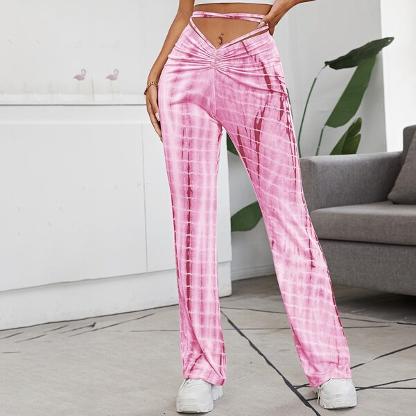 

Ruched Crisscross Knot Back Tie Dye Pants, Pink