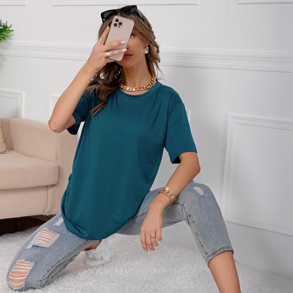 

Drop Shoulder Round Neck Solid Tee, Teal blue