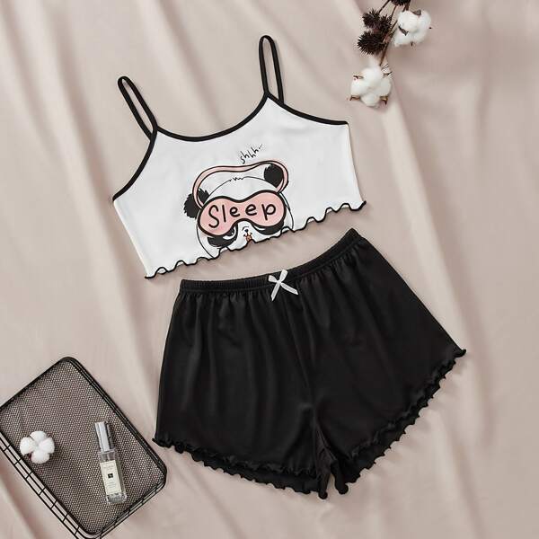 

Cartoon Graphic Lettuce Trim Cami PJ Set, Black and white