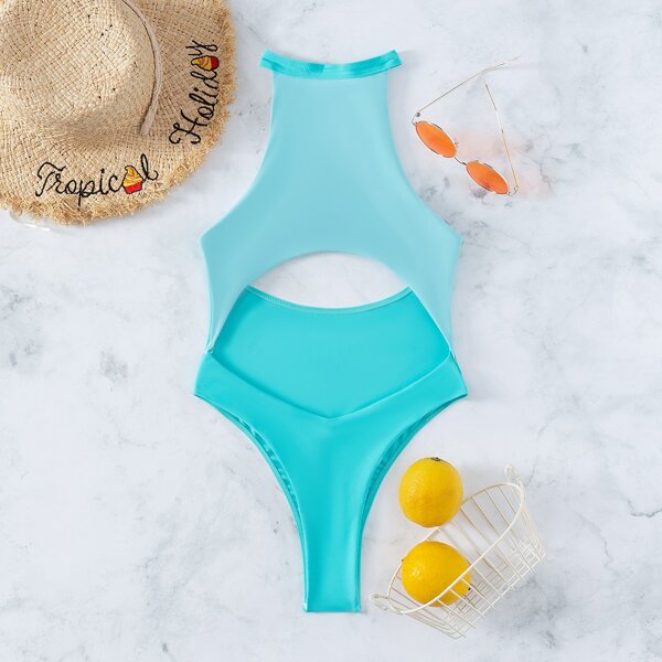 

Cut Out High Leg One Piece Swimsuit, Mint blue