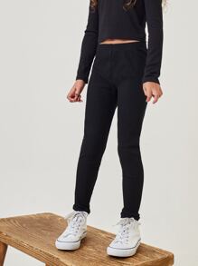 SHEIN Tween Girl Rib-Knit Leggings - Black - View 1