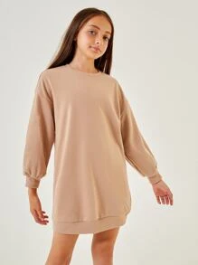 SHEIN Girls Drop Shoulder Sweatshirt Dress - Apricot - View 1