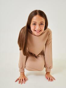 SHEIN Girls Drop Shoulder Sweatshirt Dress - Apricot - View 3