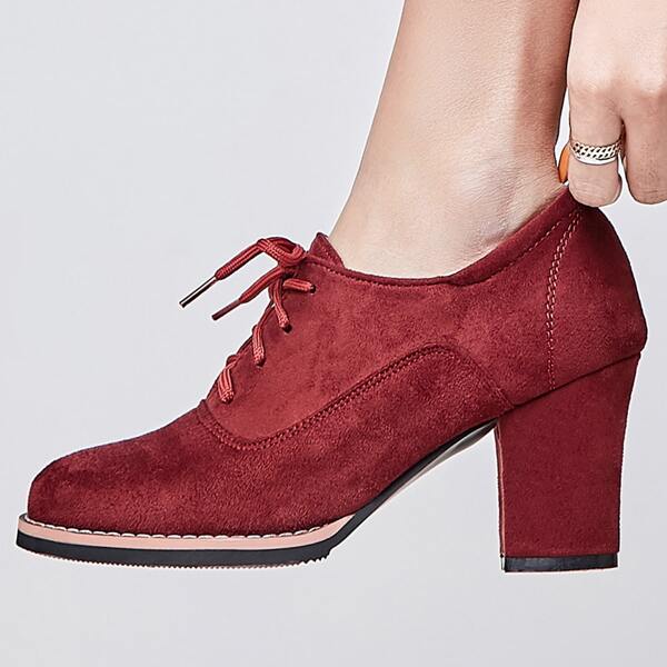 

Minimalist Lace-up Front Chunky Heeled Oxford Shoes, Red