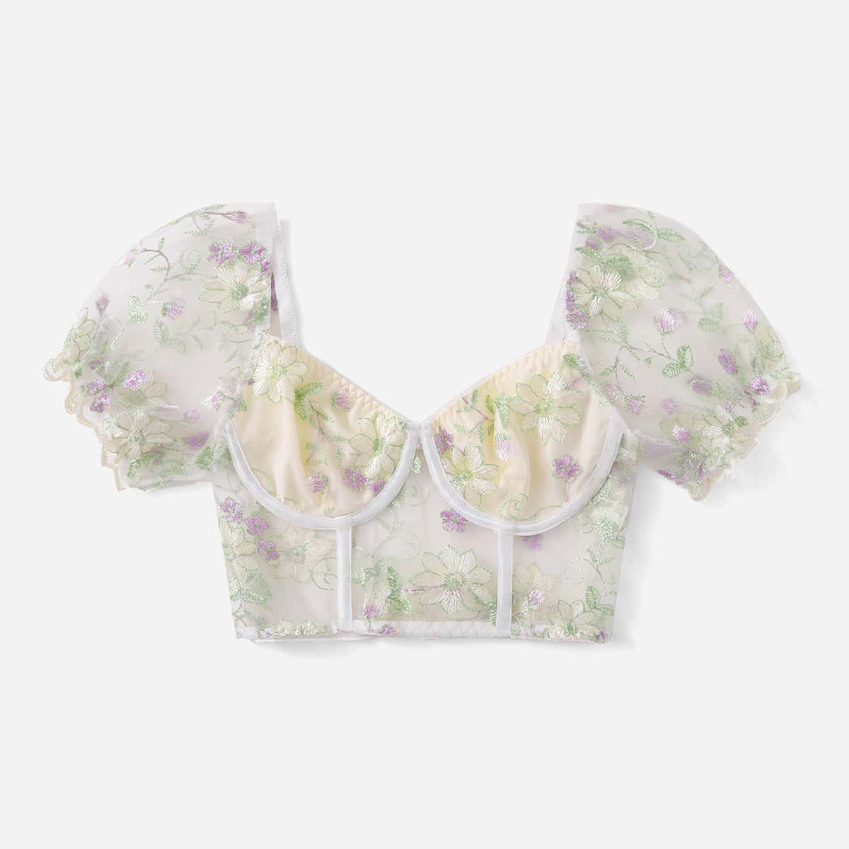 

Floral Embroidery Puff Sleeve Sweetheart Neck Top, White