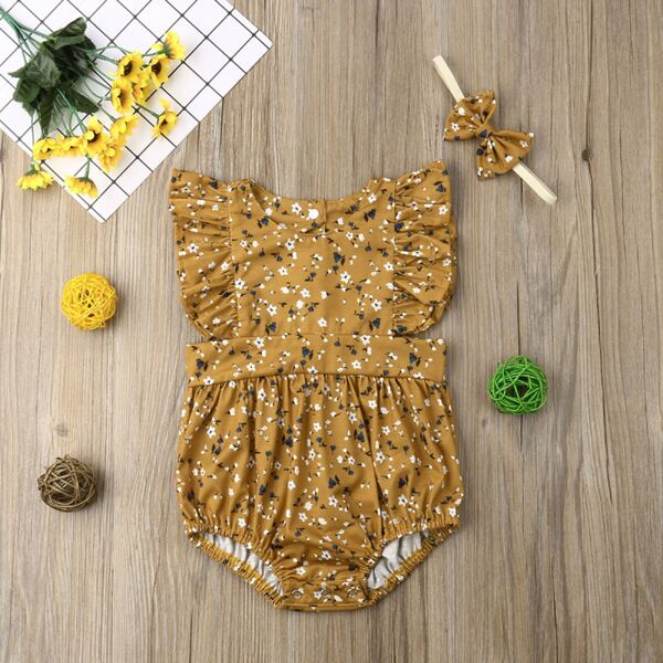 

Baby Girl Ditsy Floral Ruffle Bodysuit With Headband, Brown