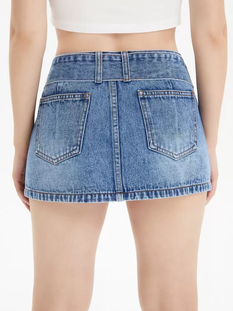 SHEIN ICON Jupe ceinturée courte en jean - Jean bleu - Voir 2