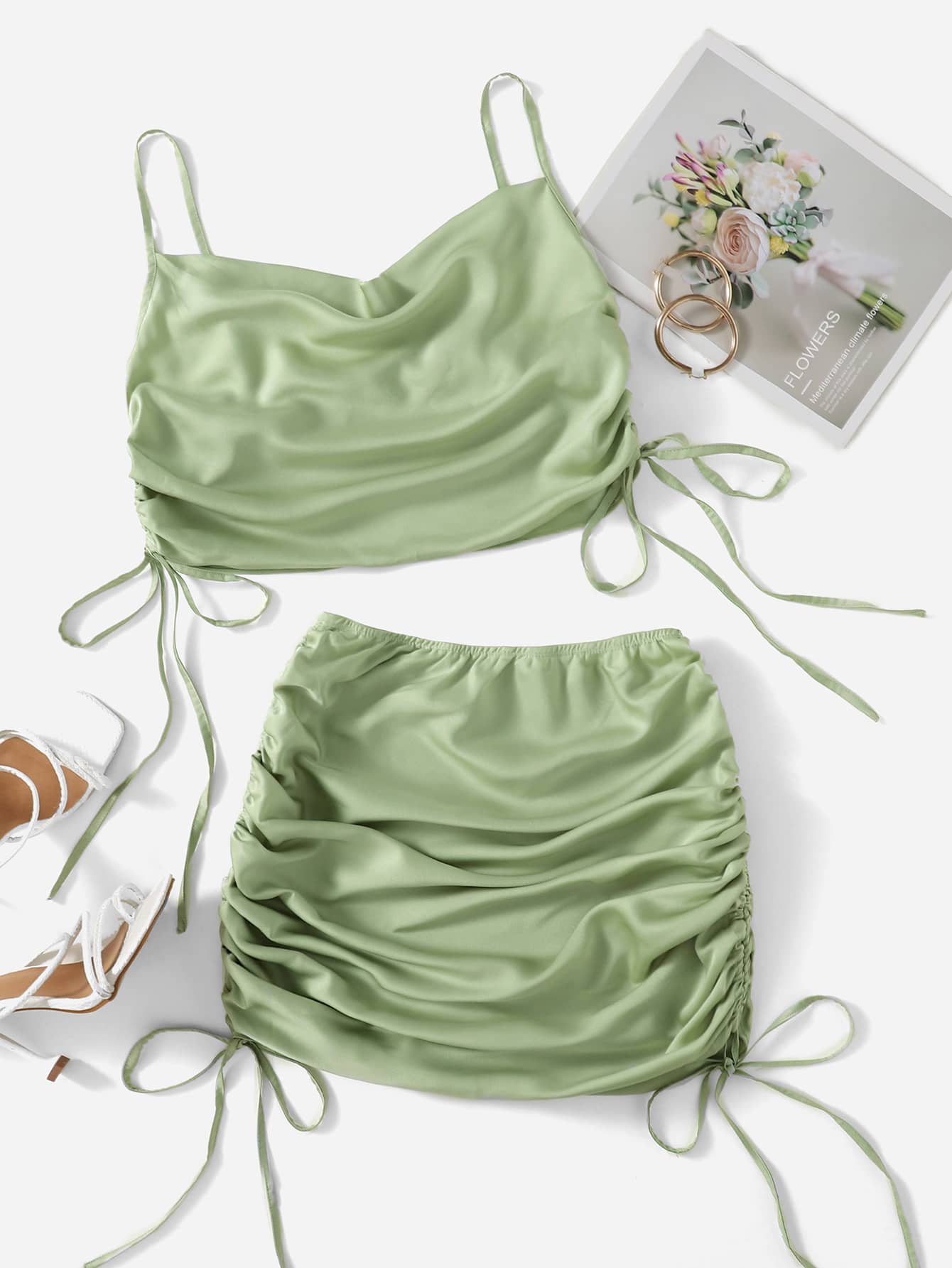 SHEIN Drape Neck Drawstring Side Satin Cami Top & Mini Skirt - Mint Green - View 1