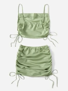 SHEIN Drape Neck Drawstring Side Satin Cami Top & Mini Skirt - Mint Green - View 2